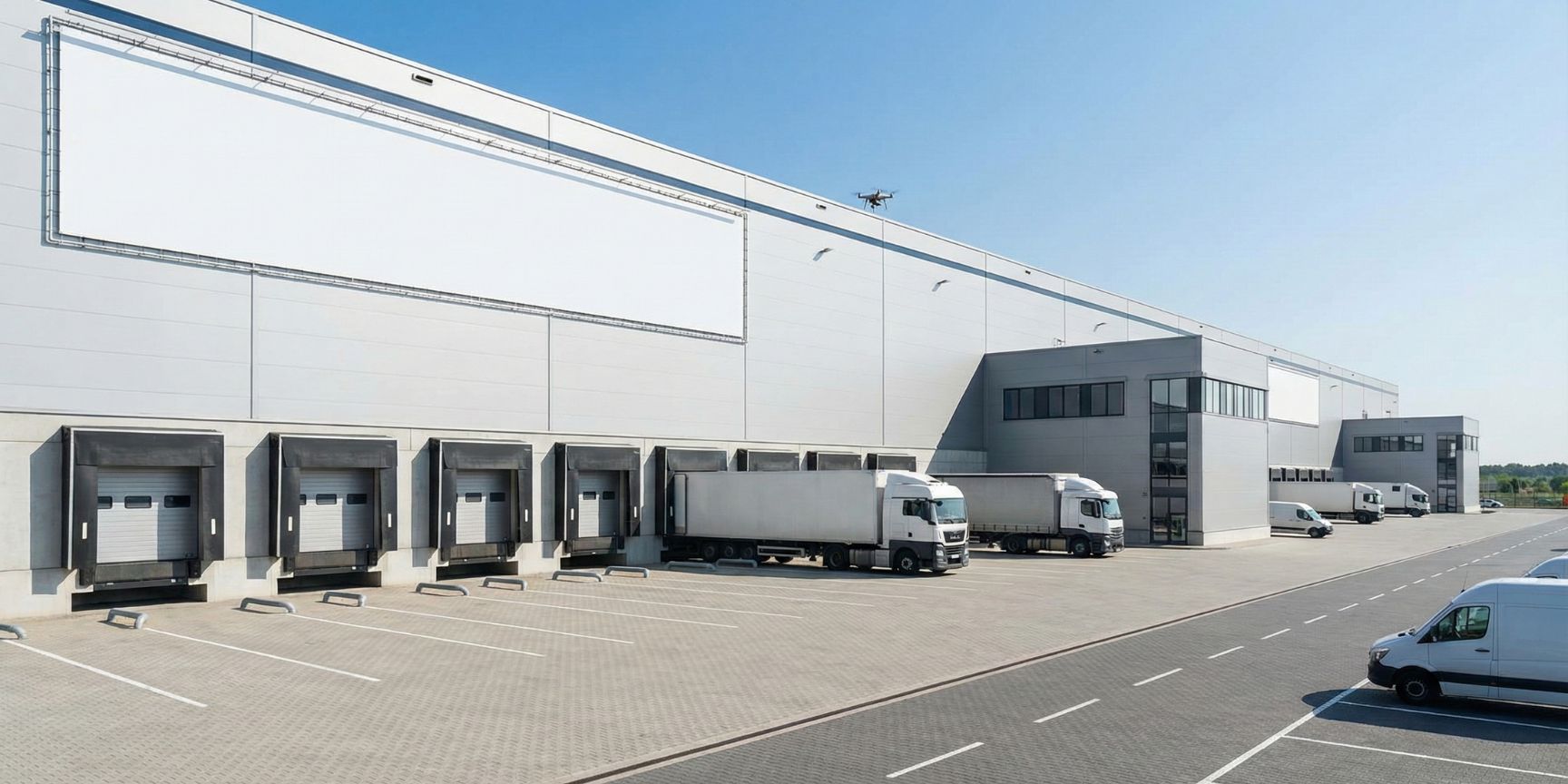 Außenansicht einer großen, modernen Logistikimmobilie mit mehreren Laderampen, angedockten LKWs und Lieferwagen auf einem sauberen Betriebsgelände.